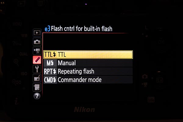 TTL flash camera menu